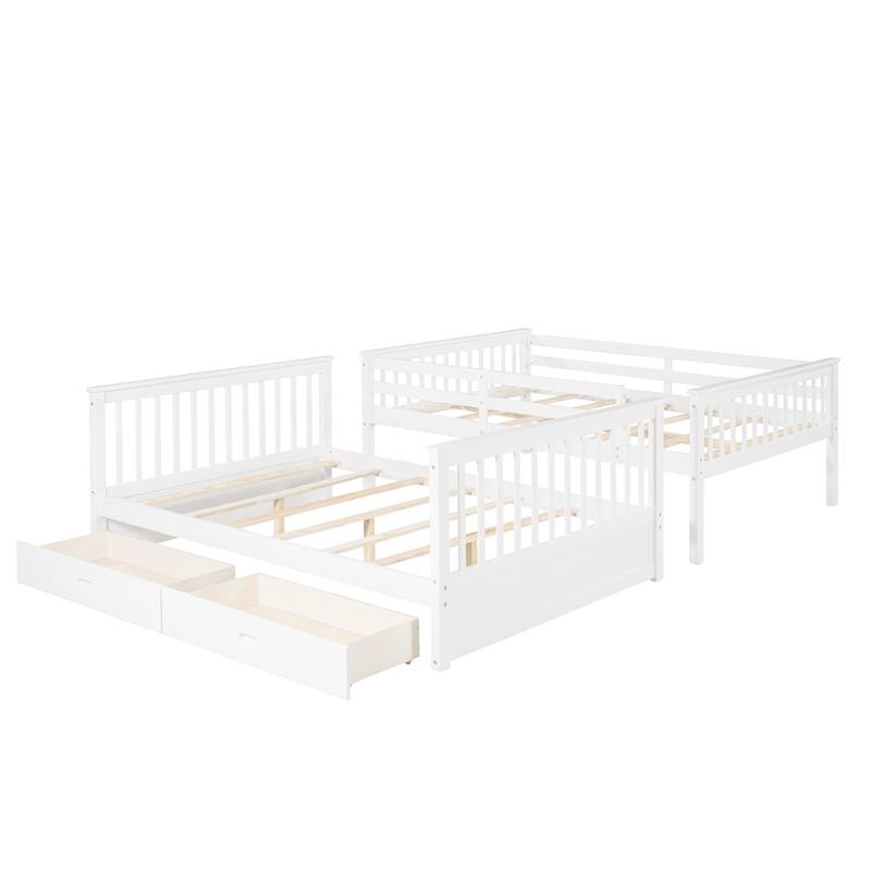 Full-Over-Full Bunk Bed with Ladders and Two Storage Drawers in White
