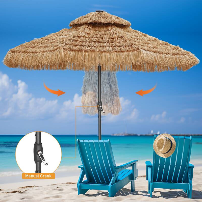Autlaycil 9ft Hula Thatched Tiki Outdoor Umbrella with Crank & Lights