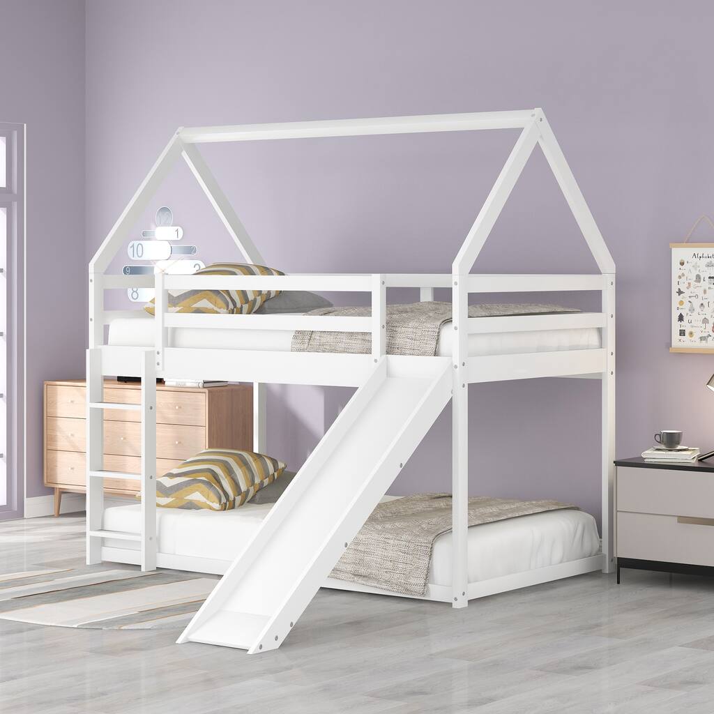 Twin Over Twin Bunk Bed with Slide, Wooden House Shape Bed Frame
