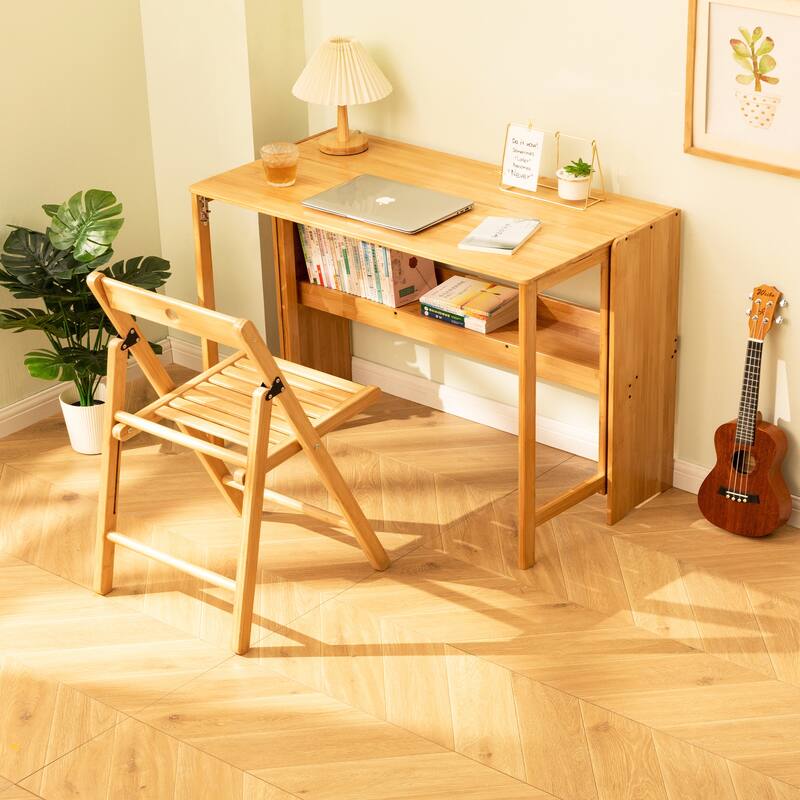 Bamboo Folding Desk for Small Spaces, Space-Saving Computer Table for Home Office & Dorm