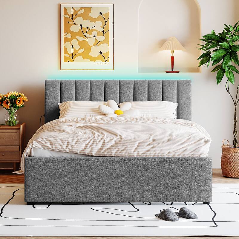 Teddy Fleece Upholstered Platform Bed with Trundle - Grey - Queen