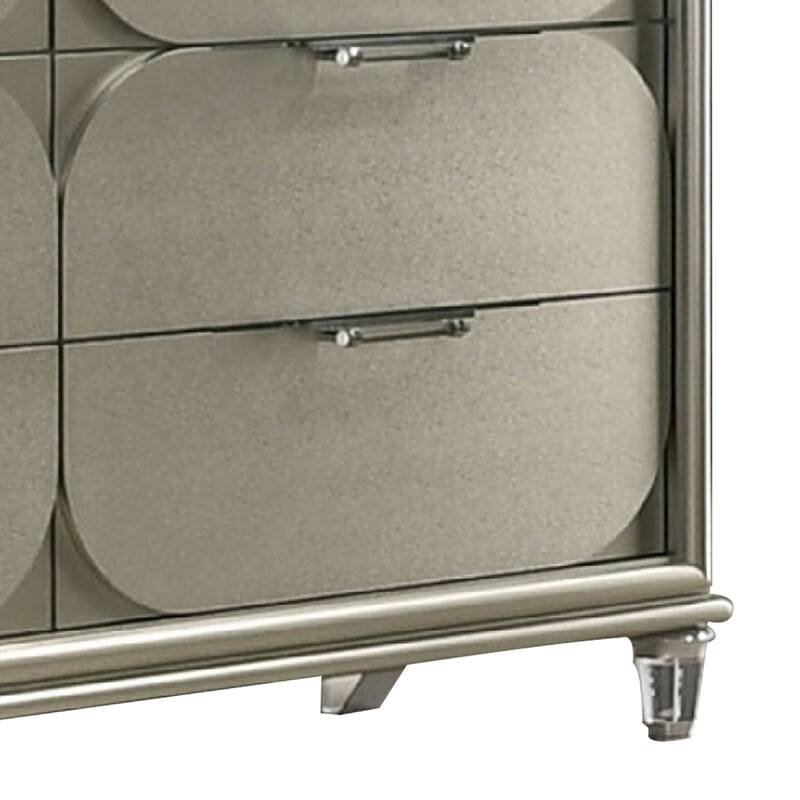 Zema 6 Drawer Wide Dresser, Silver Solid Wood with Acrylic Accents