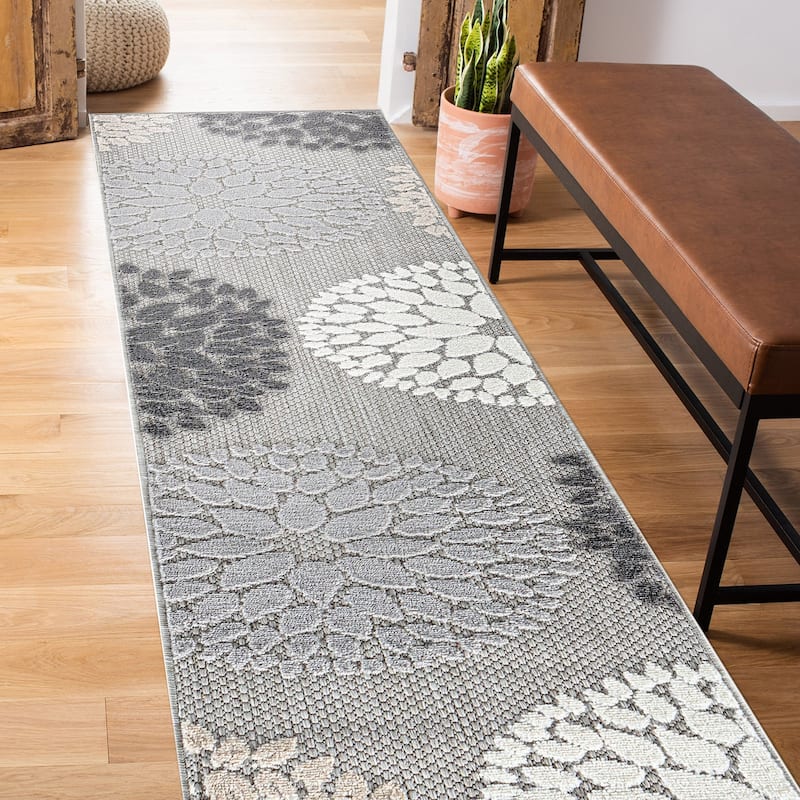 Brescia Modern Floral Circles Indoor/Outdoor Area Rug - 2'x7' Runner - Gray