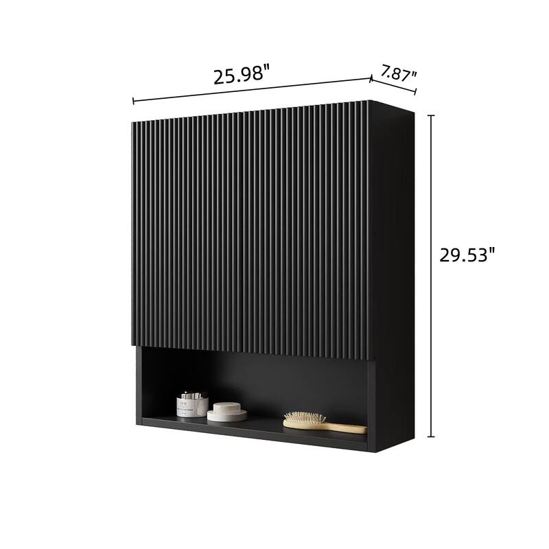 26" Wall-Mounted Striped Bathroom Cabinet, with Doors, Shelf and Open Storage Compartment Over The Toilet Storage Cabinet