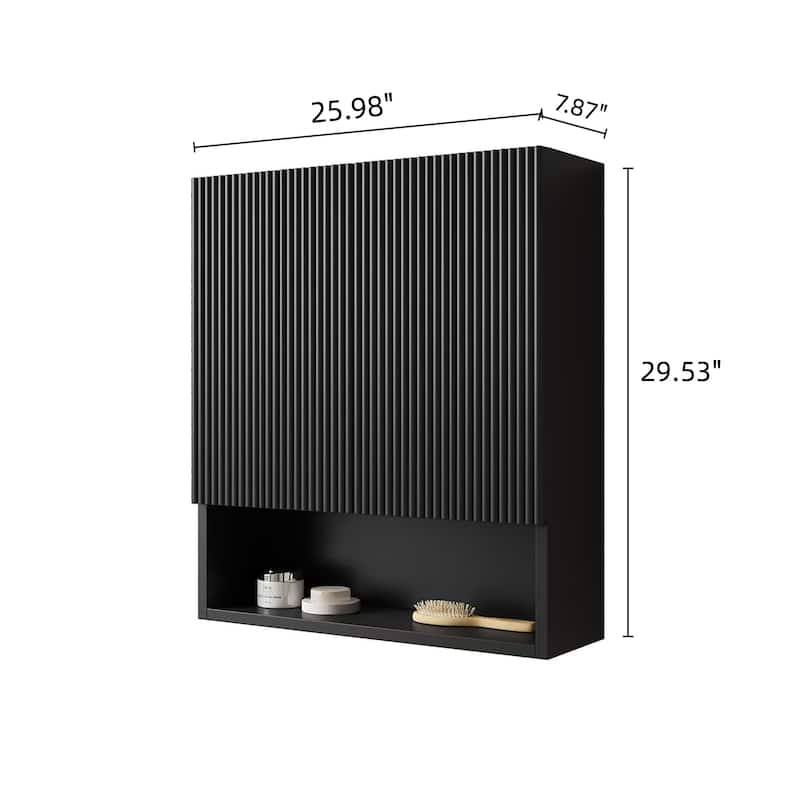 26" Wall-Mounted Striped Bathroom Storage Cabinet with Doors, Shelf & Open Compartment, Over-The-Toilet Organizer