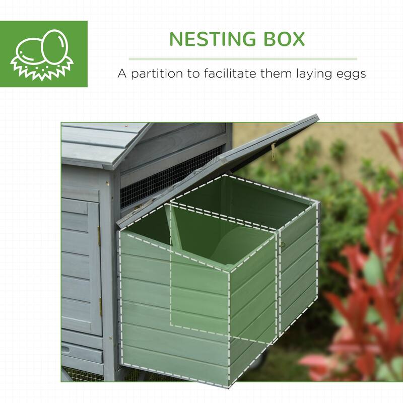 Grey Fir Wood Chicken Coop with Outdoor Run, Nesting Box and Wheels
