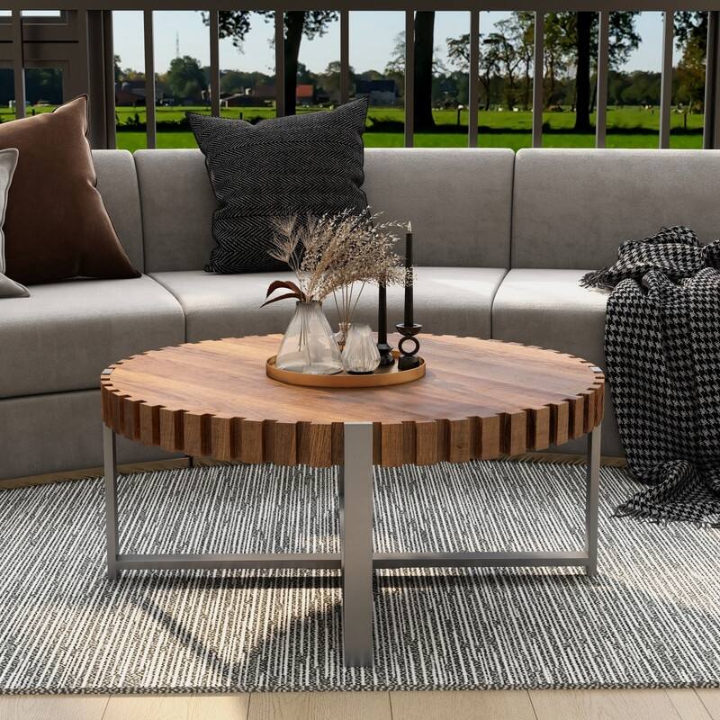 31.4-inch Modern Drum Shaped Wood Grain Coffee Table - Handmade Natural Wood Living Room Center Table