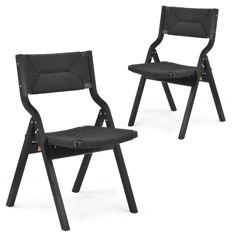 Set of 2 Wood Folding Dining Chairs with Woven Seat & Back