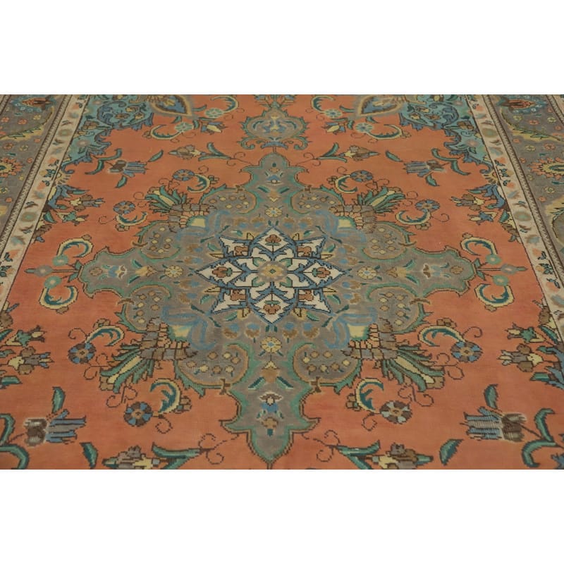 Hand Knotted Oriental 100% Wool Carpet Traditional Medallion Coral Tabriz Area Rug - 9' 10'' X 6' 6''