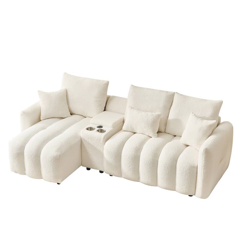 91.7" Modern Teddy Sectional Sofa with Storage Console, USB Ports & Cup Holders, Upholstered L-Shaped Couch with Chaise Lounges
