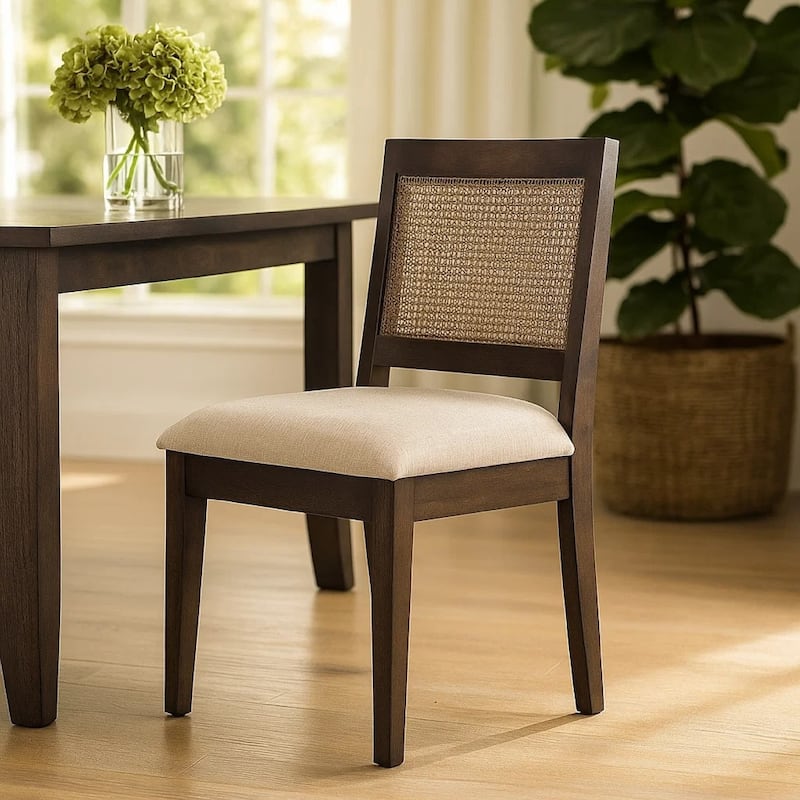 Zemi Dining Chair Set of 2, Rattan Back, Beige, Dark Brown Solid Wood