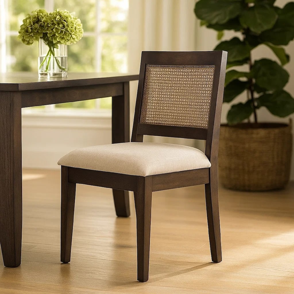 Zemi Dining Chair Set of 2, Rattan Back, Beige, Dark Brown Solid Wood
