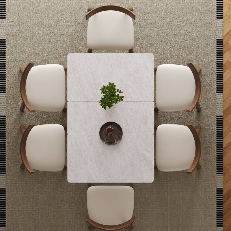 Roomfitters Retractable Rock Slab Dining Table Set, Modern Expandable Square Table with 6 Chairs, White