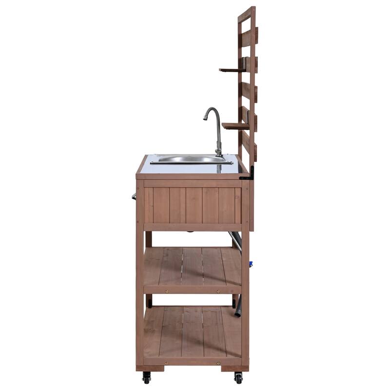 Roomfitters 41.7" Garden Potting Bench with Sink, Rolling Outdoor Potting Table, Bottle Opener, Storage Shelves, Hutch