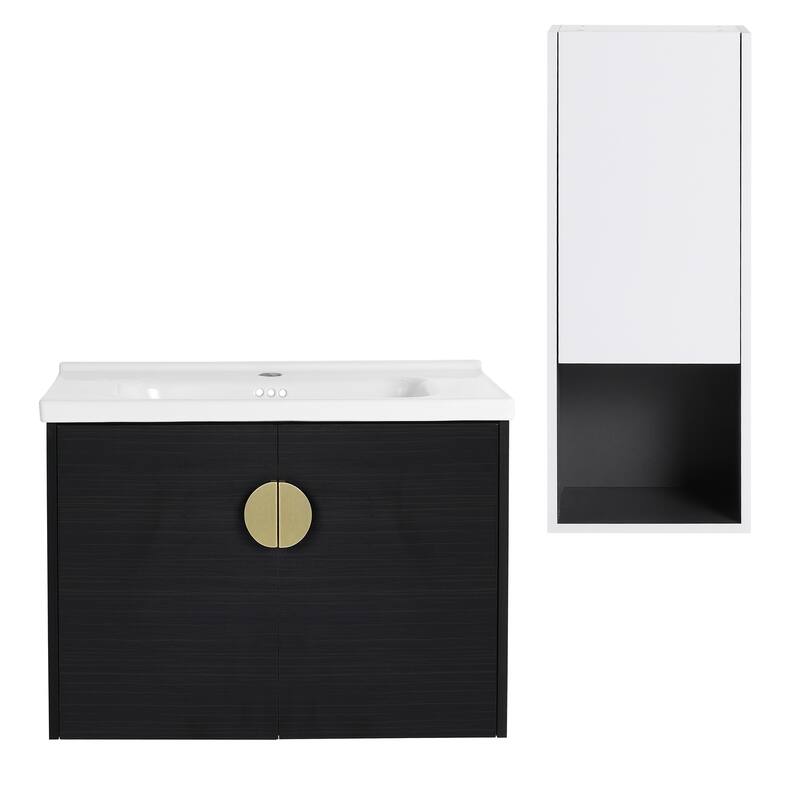 28" Wall-Mounted Bathroom Vanity With Ceramic Sink and Side Cabinet, Soft Close Doors, Combination Cabinet