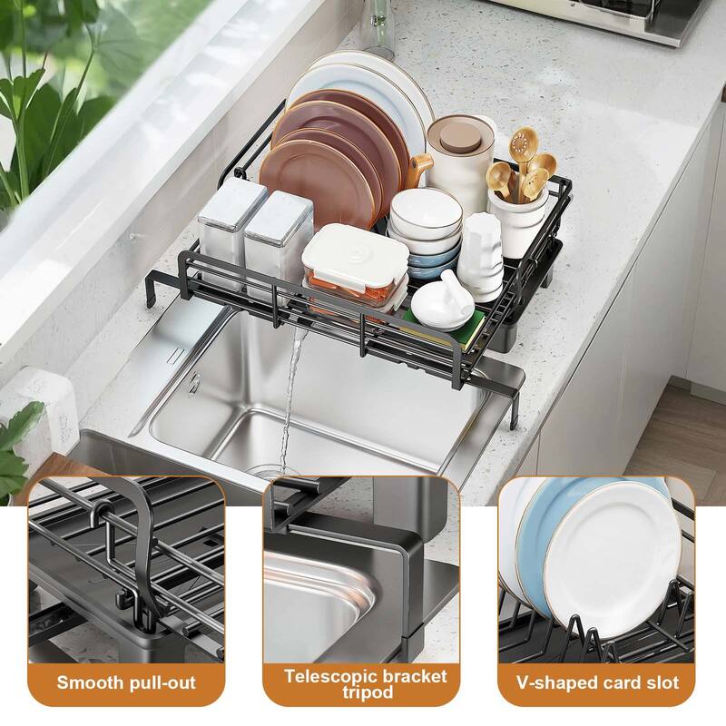 Dish Drying Rack, Expandable Dish Rack, Carbon Steel Dish Draine for Kitchen Counter