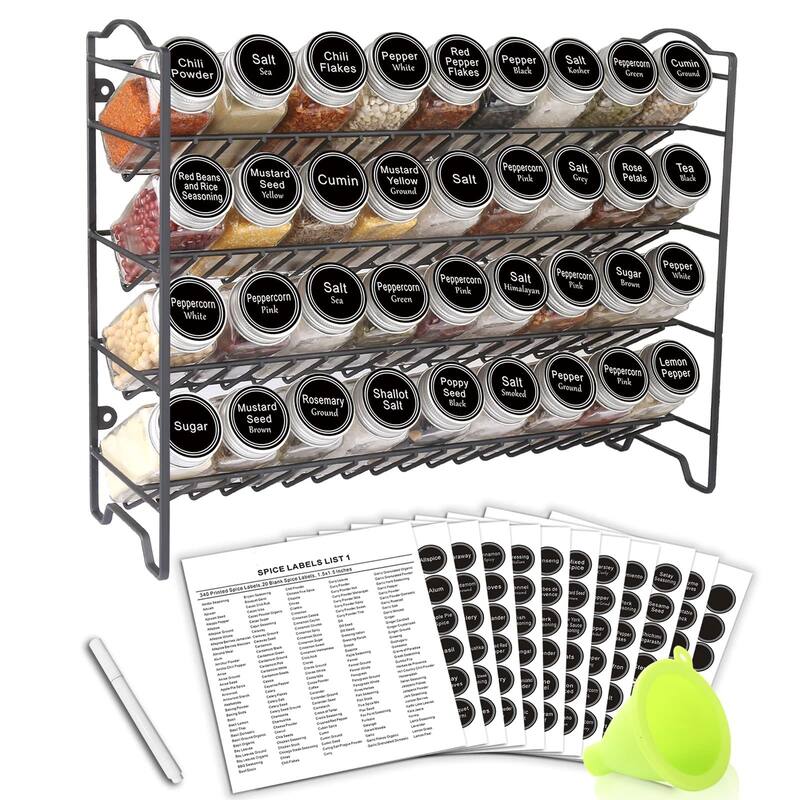 Spice Rack Organizer with 36 Empty Square Spice Jars, 396 Spice Labels with Chalk Marker and Funnel Complete Set - Black