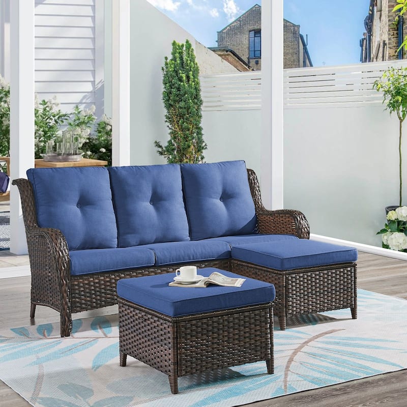 Gymojoy 3-Piece Outdoor Wicker Patio Furniture with 3 Seat Sofa, Rattan Coversation Set with Water Resistant Thick Cushions - Brown Wicker / Blue Cusion - 3-Piece