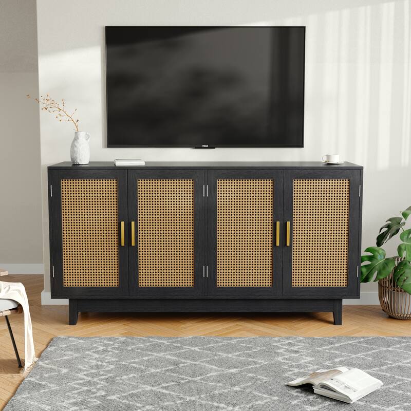 Modern 4 Door Wood Rattan Buffet Sideboard Storage Cabinet