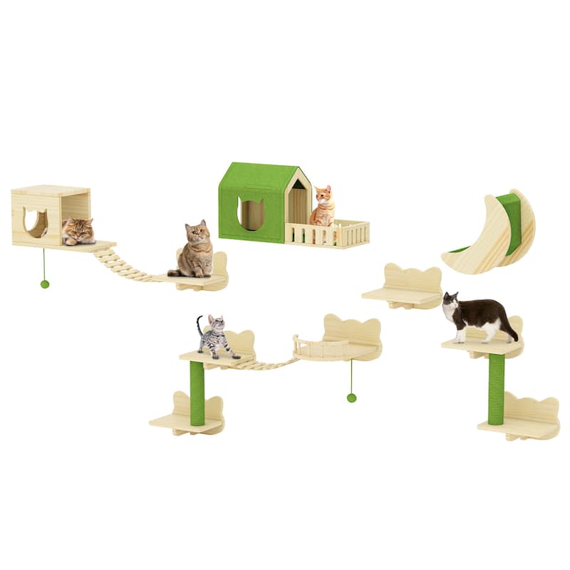Moasis Wood Wall-Mounted Cat Furniture, Cat Wall Shelves and Perches - 8 PCS