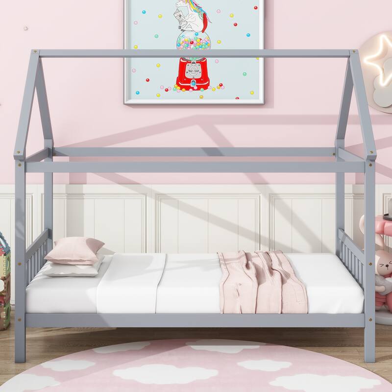 House Bed with Headboard and Footboard, Twin Rubber Wood Bed with House Frame