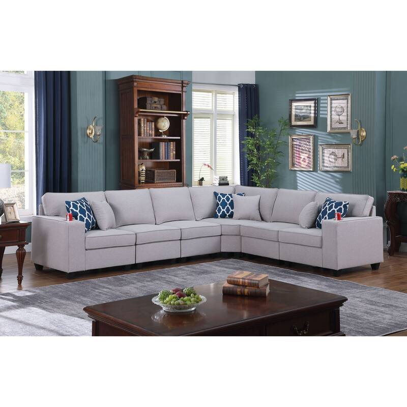 6 Piece Linen Upholstered L-Shape Sectional Sofa in Light Gray - Light Gray/Brown - Reversible
