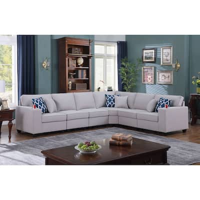 6 Piece Linen Upholstered L-Shape Sectional Sofa in Light Gray