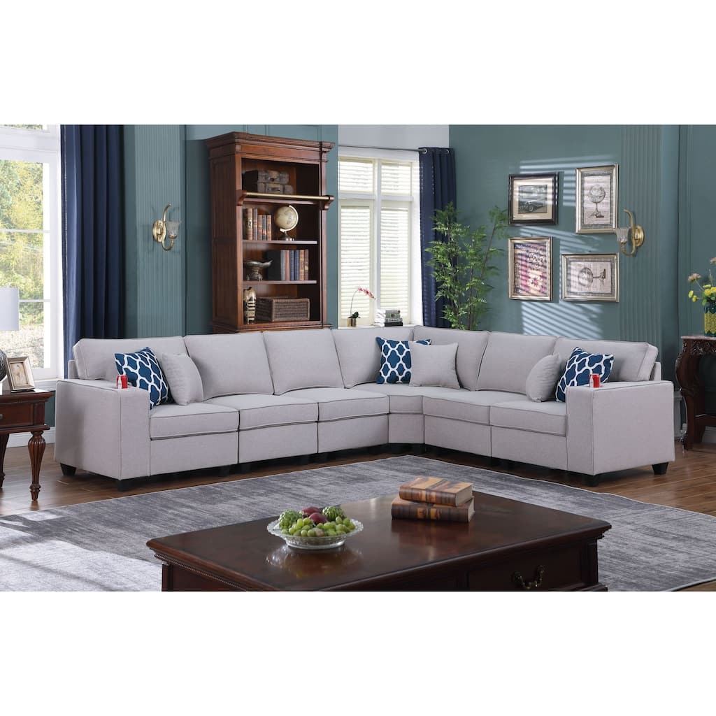 6 Piece Linen Upholstered L-Shape Sectional Sofa in Light Gray