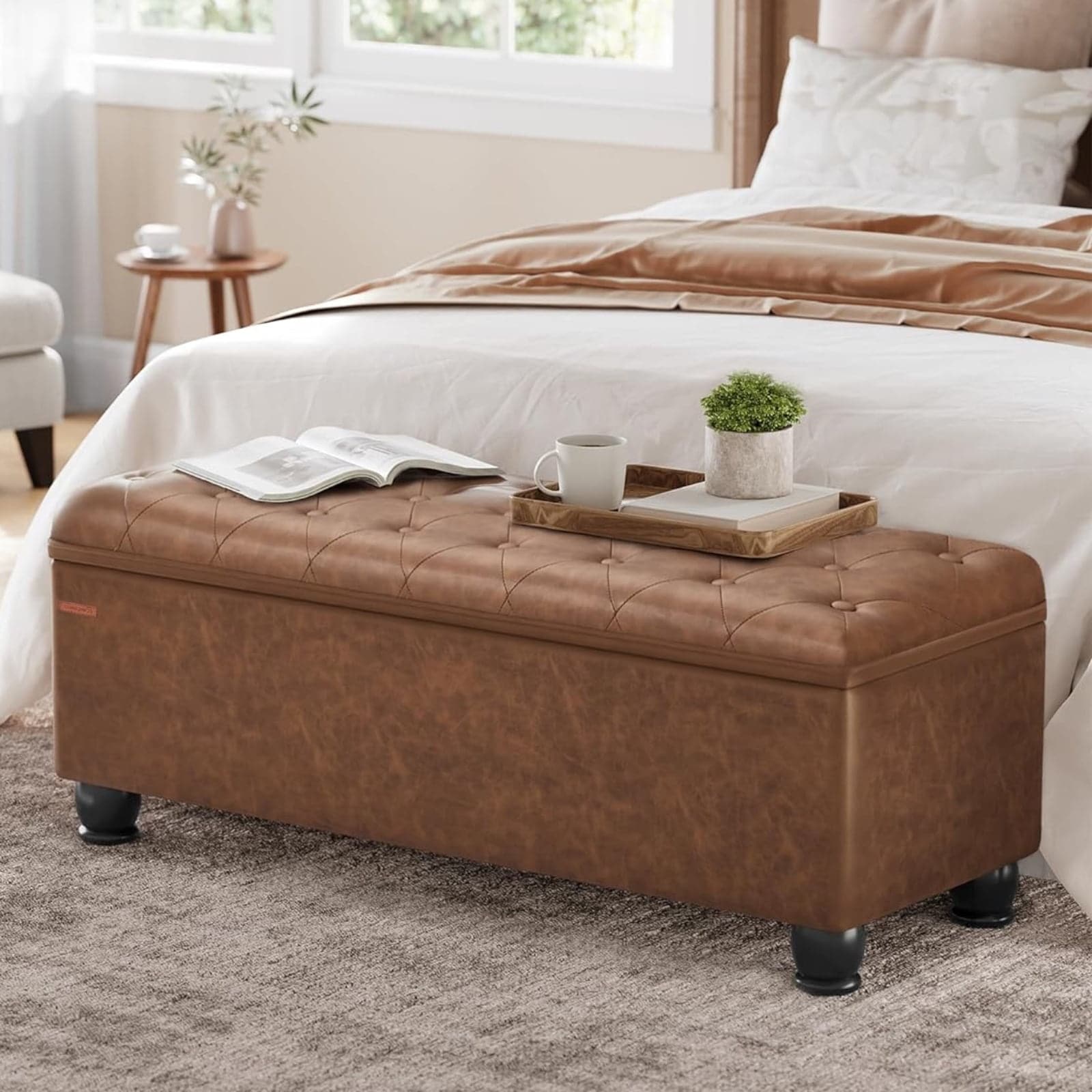 SONGMICS 46.5" Storage Ottoman Bench Storage Bench Bedroom Bench 330lb Loads Solid Wood Legs Coffee Brown