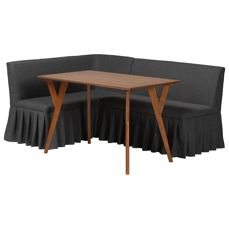 Randolph 3-Piece Fabric Upholstered Dining Nook Set - Corner Kitchen Banquette with Skirted Base, L-Shaped Breakfast Nook - Dark Grey/Dark Brown/Walnut Brown