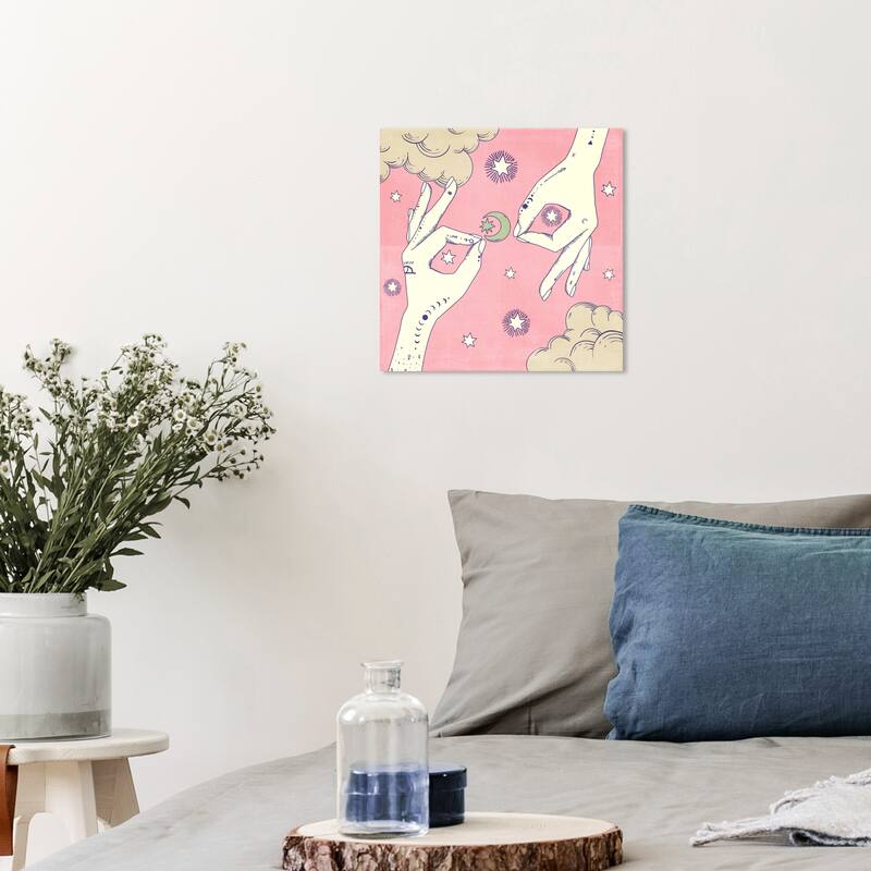 Wynwood Studio Canvas Spiritual and Religious Lunar Hand Sign Pink and Brown Bohemian & Eclectic Wall Art Canvas Print - 12 x 12