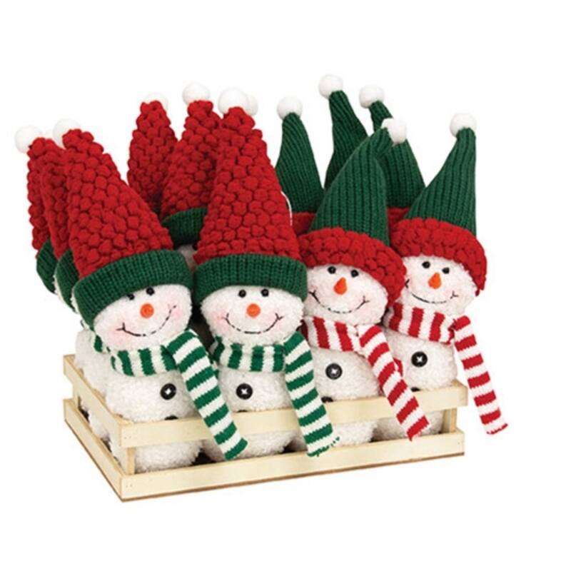 12/Set Plush Snowmen with Red and Green Hats in Wooden Crate - 2.75" x 1.50" x 10.25" - Red-White-Green