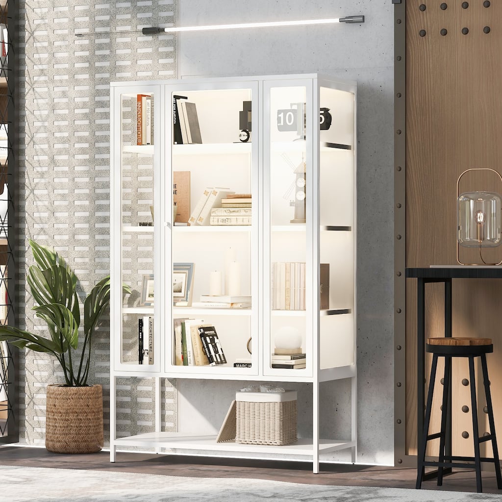 67.25"H Iron Display Cabinet with Glass Door and LED Lights, Steel Curio Cabinet for Collectibles, 3-Sided Glass Display Case