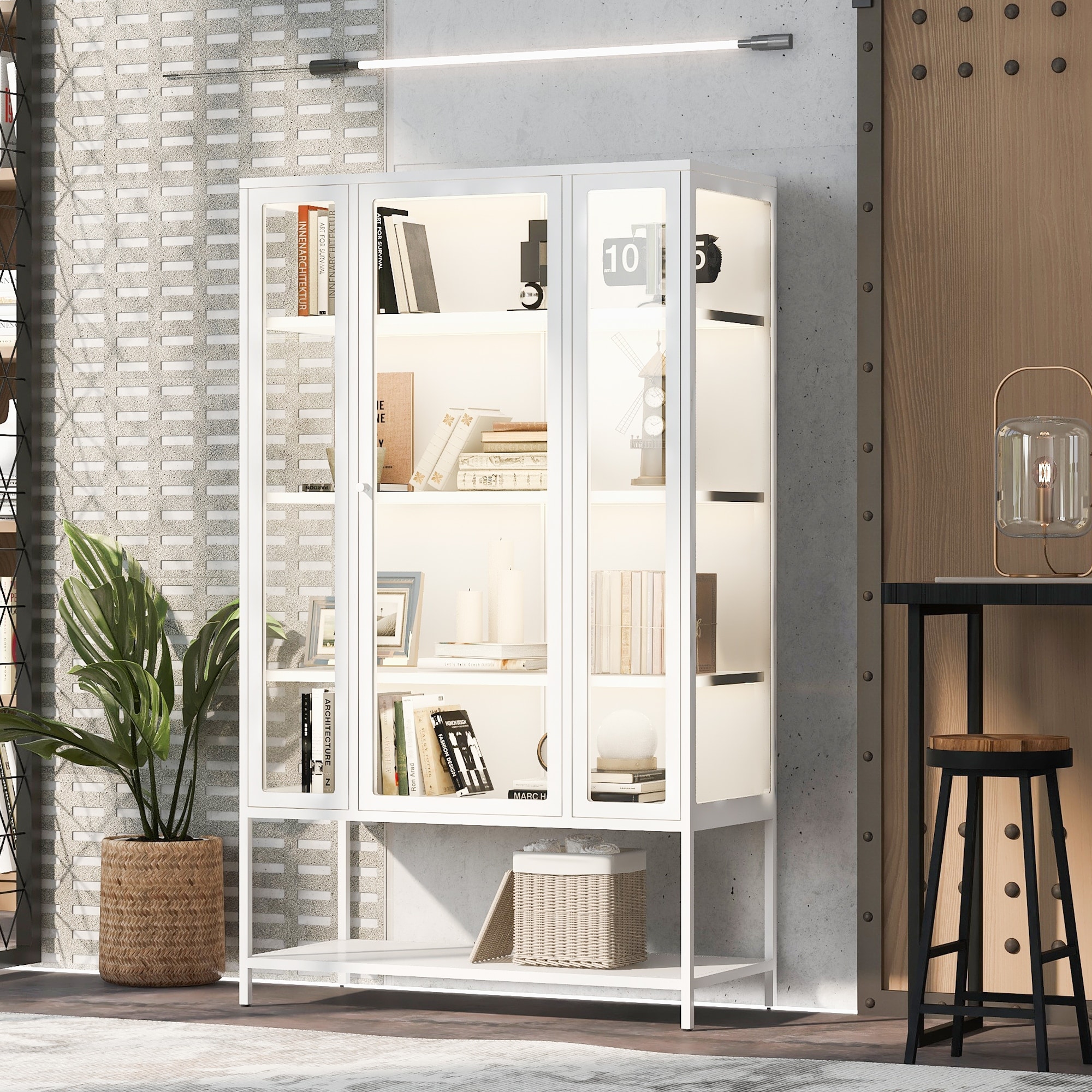 67.25"H Iron Display Cabinet with Glass Door and LED Lights, Steel Curio Cabinet for Collectibles, 3-Sided Glass Display Case
