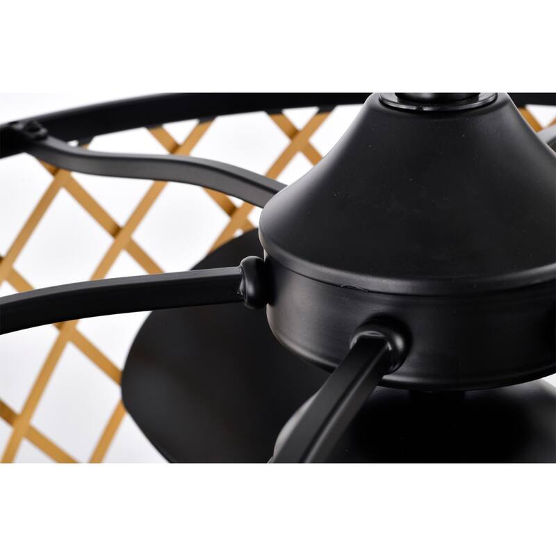 25 Inch Matte Black and Gold cage Finish Ceiling Lighted Fandelire with Remote
