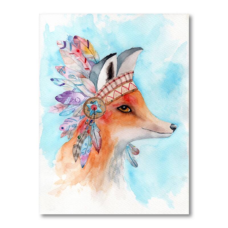 Designart "Red Fox With Tribal Feather Crown" Americana Canvas Wall Art