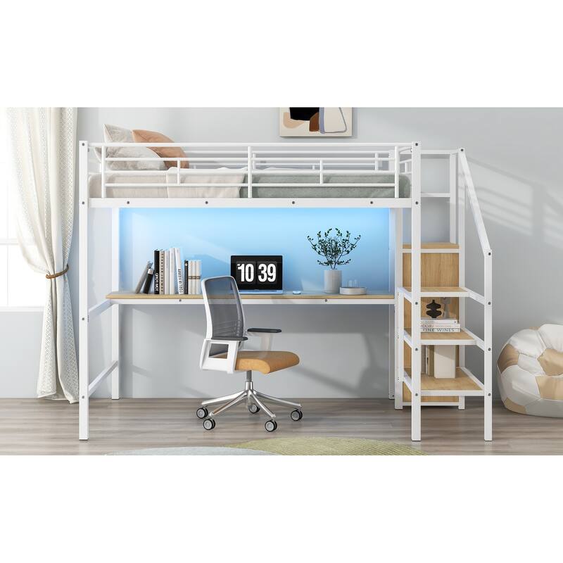 Full Size Loft Bed w/Desk,Storage Staircase,Small Wardrobe,LED Light