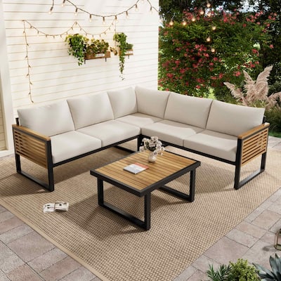4-Piece Outdoor Wood and Iron Corner Conversation Sofa Set with Table