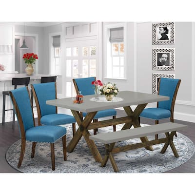 HomeStock 6-Piece Distressed Jacobean Finish Solid Wood Top Dining Table with 1-Bench, 4 Upholstered-Chairs
