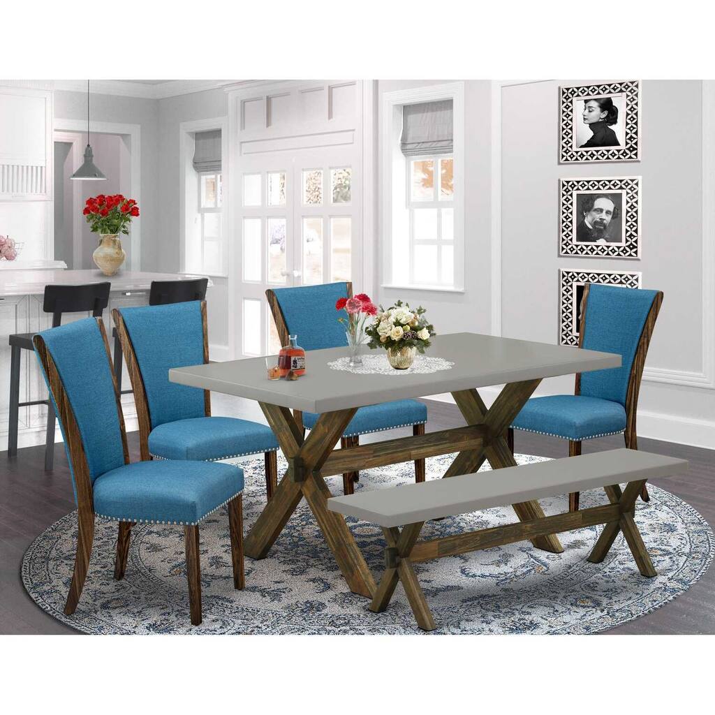 HomeStock 6-Piece Distressed Jacobean Finish Solid Wood Top Dining Table with 1-Bench, 4 Upholstered-Chairs