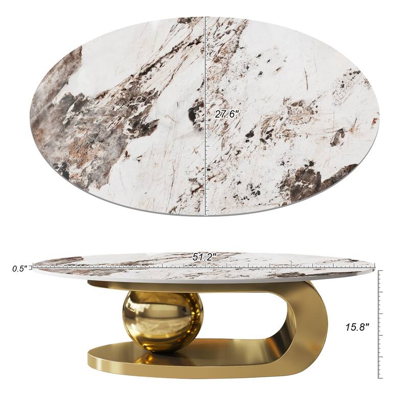 51 Inches Oval Faux Marble Coffee Table For Living Room With Stainless Steel Base