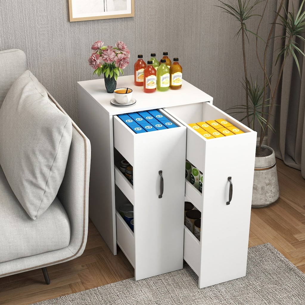 Roomfitters 3 Tier Standing Bookcase Pull Out Storage Cabinet Modern White Wooden End Side Table Slim Organizer, White