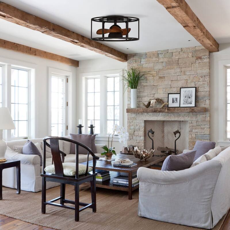 20" Black Flush Mount Low Profile Fandelier Ceiling Fan with Light and Remote - 20 in. D x 20 in. W x 9.6 in. H