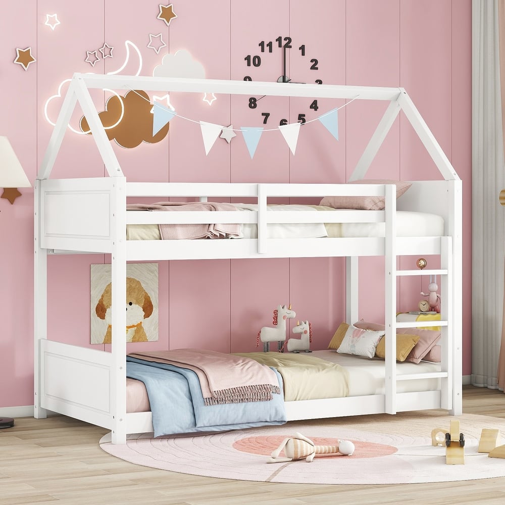 House Shaped Twin Bunk Bed Frame, Rubber Wood Twin over Twin Floor Bunk Bed with Safety Guardrails and Ladder