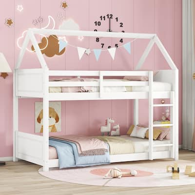 Twin Size Rubber Wood House Floor Bunk Bed with Safety Guardrails