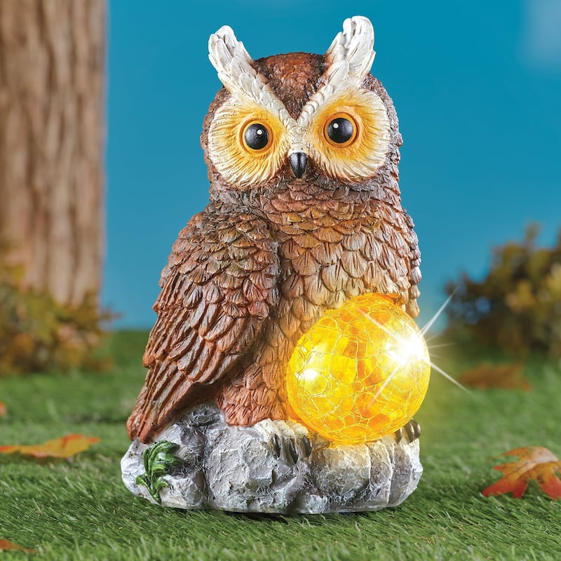 Brown Owl Solar Powered Crackled Glass Ball Garden Decoration - 5.91 x 10.43 x 6.89 - Brown - 5.91 x 10.43 x 6.89 - Resin