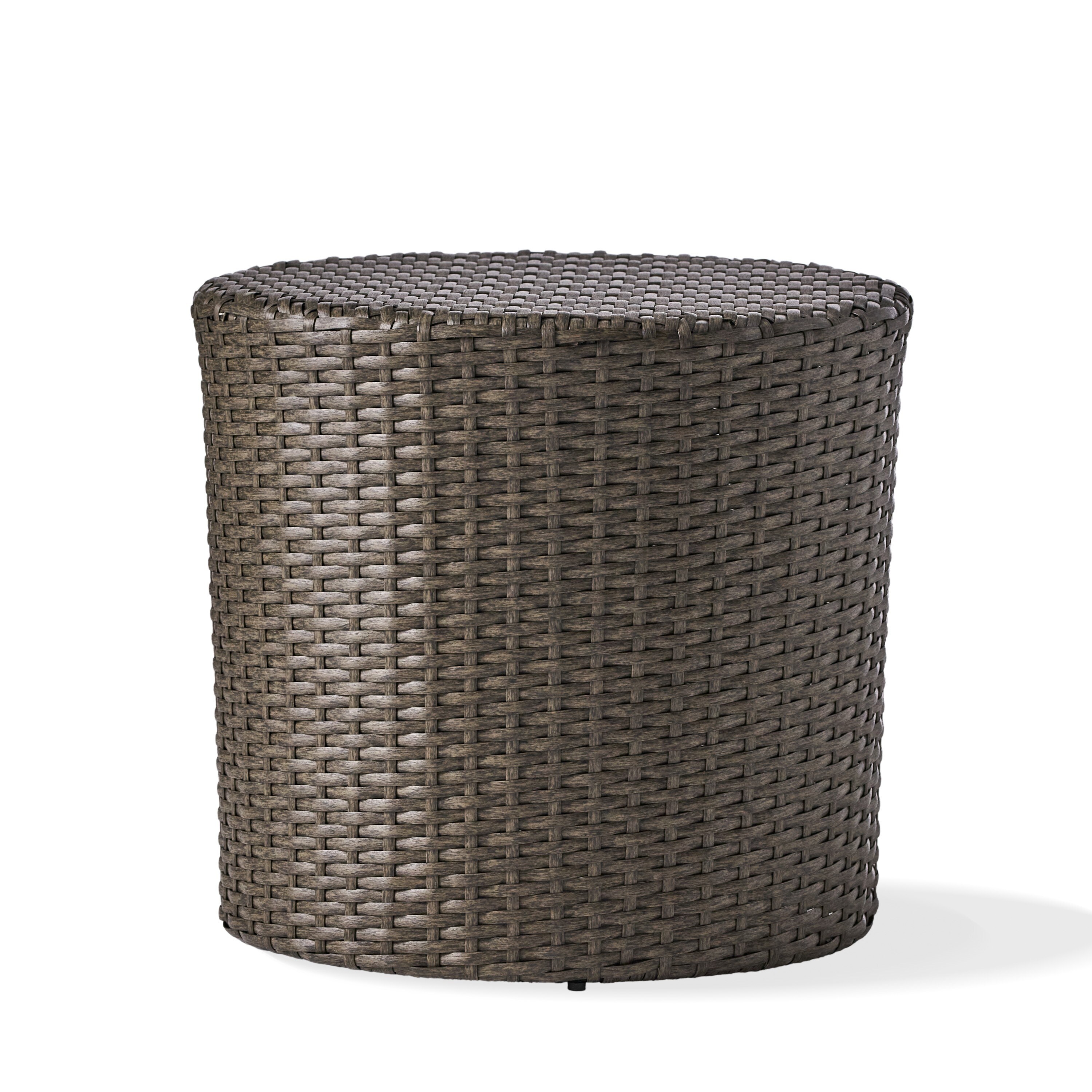 Olum Outdoor Side Table, Barrel Shape, Gray PE Rattan, Iron, 18 Inch