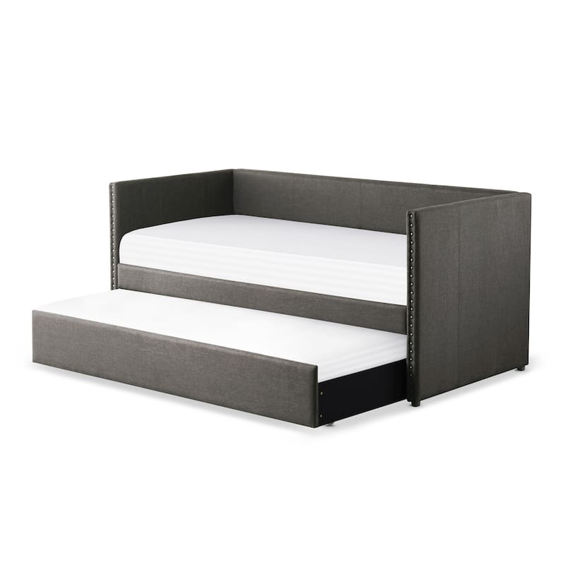 Fabric Upholstered Day Bed with Pull-out Trundle Nailhead Trim Wood Frame Furniture