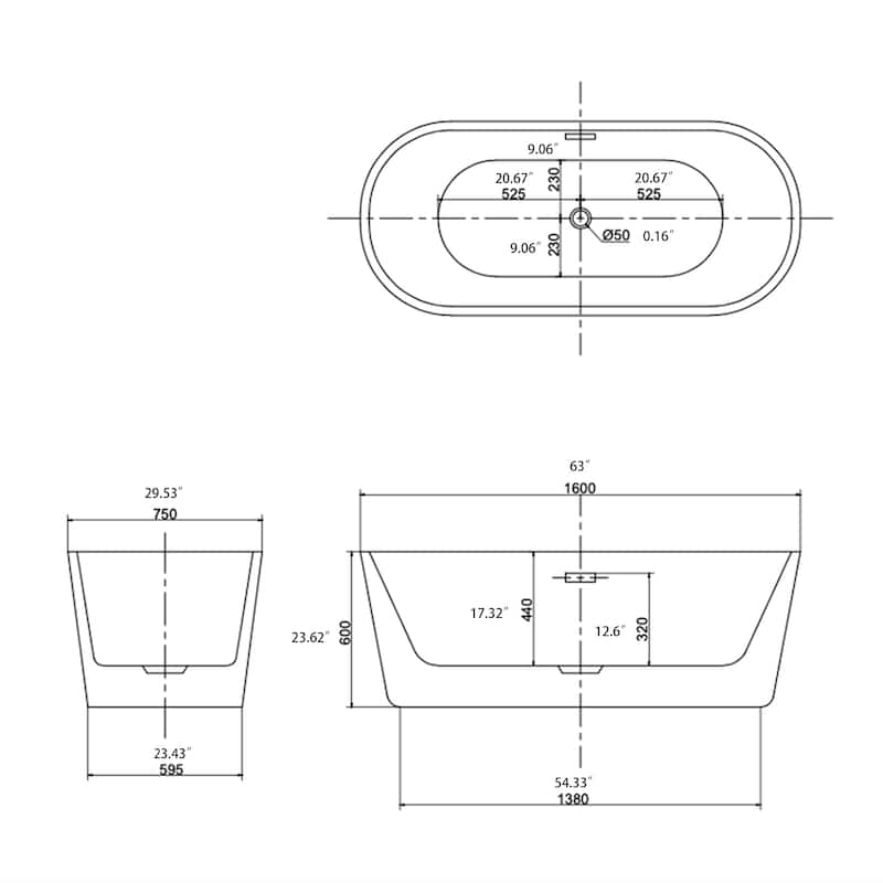 60"/63"/67" Acrylic Freestanding Soaking Bathtub in White with Drain