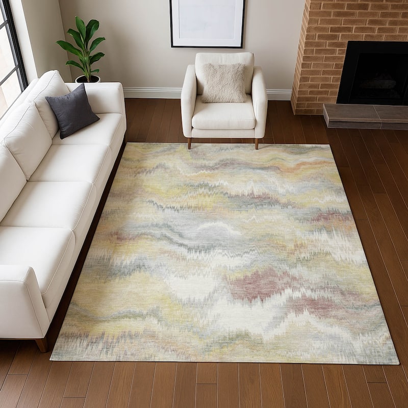 Machine Washable Indoor/ Outdoor Abstract Watercolor Chantille Rug